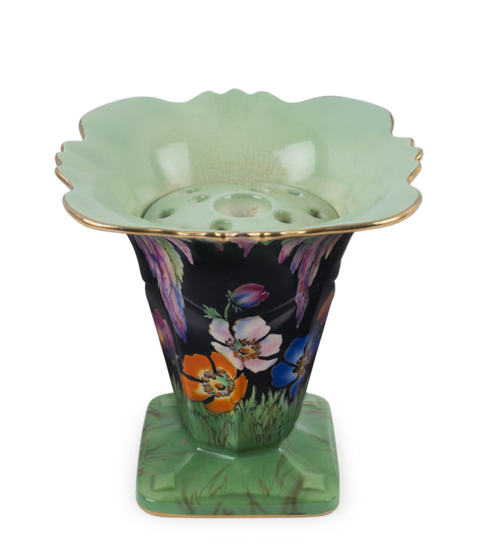 FALCON WARE English Art Deco porcelain mantel vase with flower aide, circa 1920s, stamped "Falcon Ware, The Dell, Hand Painted Ware, Metro Ware, Made In England", ​21cm high