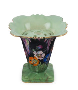 FALCON WARE English Art Deco porcelain mantel vase with flower aide, circa 1920s, stamped "Falcon Ware, The Dell, Hand Painted Ware, Metro Ware, Made In England", ​21cm high