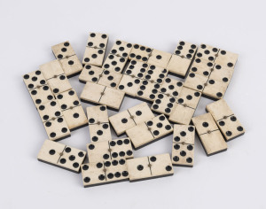 Set of antique dominoes, whalebone and ebony, 19th century, each tile 5cm high