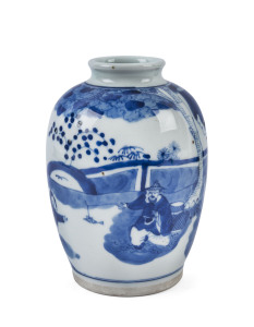 An antique Chinese blue and white porcelain vase showing figures in a garden scene, Kangxi, 18th century, double ring mark to base, 14cm high