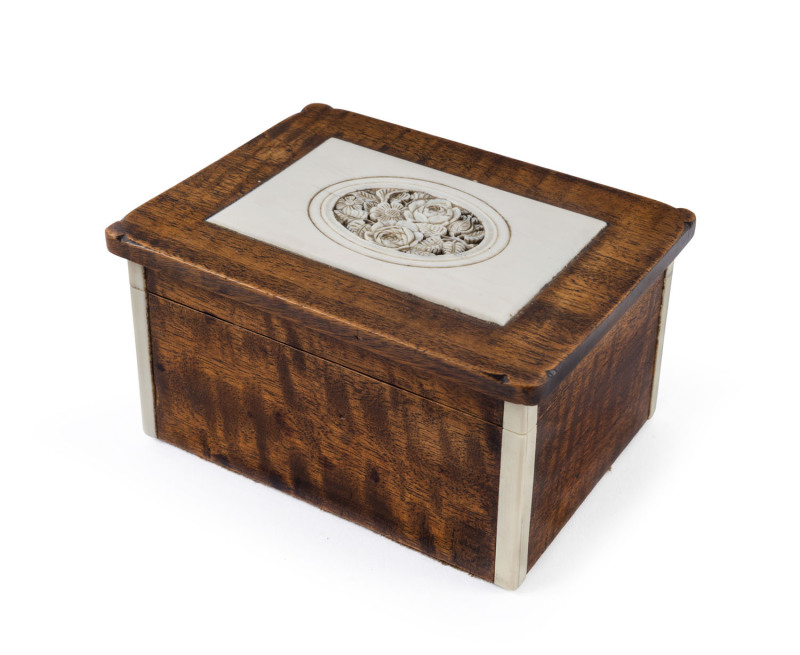 A Viennese jewellery box, carved walnut and ivory, early 20th century, ​7cm high, 13.5cm wide, 10.5cm deep