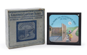 RACISM: Coloured Lantern Slides "Where there's a will there's a way" Junior Lecturers' Series set of 8 slides in original box showing a black man stealing a chicken, circa 1870s, each slide 8 x 8cm