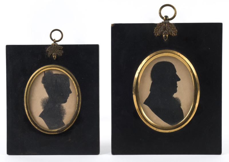 Two antique portrait silhouettes, 19th century, inscribed with husband and wifes details verso "Robert Oliphant, Pa's great g'father", and "Mrs Robert Oliphant nee Elizabeth Sunderland", larger frame stamped "W.HILL, BIRM.", 15 x 12.5cm and 12.5 x 10.5cm