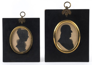 Two antique portrait silhouettes, 19th century, inscribed with husband and wifes details verso "Robert Oliphant, Pa's great g'father", and "Mrs Robert Oliphant nee Elizabeth Sunderland", larger frame stamped "W.HILL, BIRM.", 15 x 12.5cm and 12.5 x 10.5cm overall