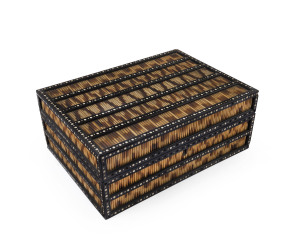 An Anglo-Ceylonese box, porcupine quill, ebony and bone, 19th century, interior lined in plush velvet, with inlaid panel inside lid, ​14cm high, 35cm wide, 25.5cm deep