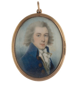 A Regency rose gold pendant with hand-painted portrait miniature of a gent in blue coat, circa 1820, 5 x 4cm