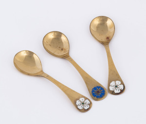 GEORG JENSEN three Danish gilded sterling silver and enamel year spoons, 1971 (2) and 1972, 15cm long, 134 grams