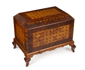 A fine Italian casket on stand, burl yew, juniper, beech and coromandel, early 20th century, 35cm high, 46cm wide, 31cm deep