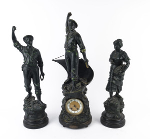 "COD FISHING" French three piece figural clock set, cast spelter on ebonized wooden plinths, 19th century, 76cm high