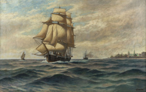 HANS KRUUSE (Denmark, 1893-1964), ships of Copenhagen, oil on canvas, signed lower right "H. Kruuse", Danish label verso, 68 x 107cm