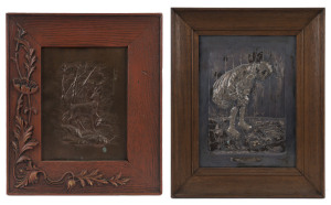 Two repoussé copper panels, one silver plated and titled "The Lost Spirit", circa 1910, the larger 45 x 36cm overall