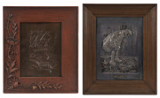 Two repoussé copper panels, one silver plated and titled "The Lost Spirit", circa 1910, the larger 45 x 36cm overall