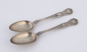 A pair of English sterling silver tablespoons by William Robert Smily of London, circa 1857, ​22cm long, 222 grams total