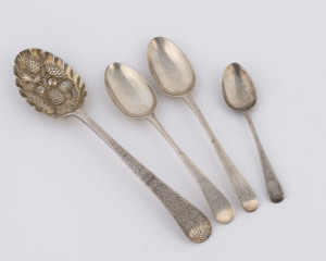 Four assorted Georgian sterling silver spoons, ​122 grams total
