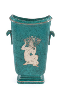 GUSTAVSBERG Swedish Art Deco pottery vase, turquoise glaze with silver overlay decoration, circa 1930, stamped "Gustavsberg, Argenta, 1209, BÄ" with anchor mark and "Made In Sweden" on a silver leaf, also marked "HN' and "Y", 25.5cm high