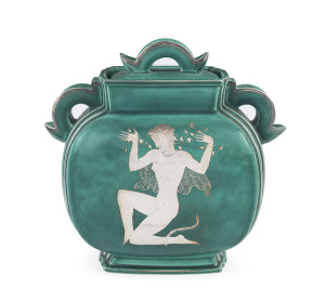 GUSTAVSBERG Swedish Art Deco pottery vase with lid, turquoise glaze with silver overlay decoration, circa 1930, stamped "Gustavsberg, Kage, 735," with anchor mark and artist monogram, 24cm high, 25cm wide
