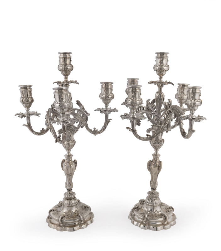 A pair of French silvered bronze five branch candelabra, mid 19th century, ​49cm high