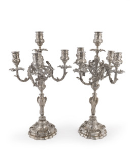 A pair of French silvered bronze five branch candelabra, mid 19th century, 49cm high