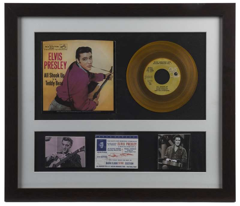 ELVIS PRESLEY: attractive displays for Elvis 45rpm recordings "Hound Dog/Don't Be Cruel", In the Ghetto/I Can Dream", "Blue Suede Shoes/Tutti Frutti" and "All Shook Up/Teddy Bear"; all framed & glazed, ​each 47.5 x 55cm. (4 items)