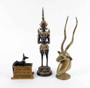 A Thai cast metal statue, brass antelope statue and a resin Anubis statue, 20th century, (3 items), the largest 40cm high