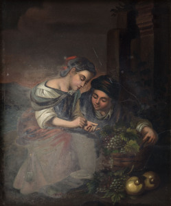 ARTIST UNKNOWN (European, 19th century), harvest couple, oil on wood panel, ​19 x 16cm
