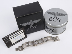 BOY Of London stainless steel wristwatch with double dial, in original tin with papers,