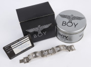 BOY Of London stainless steel wristwatch with double dial, in original tin with papers,