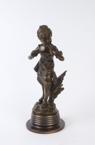 A statue of a girl with flower, cast bronze and copper, 20th century, 49cm high