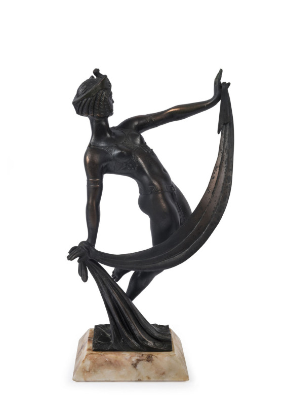 A French Art Deco statue of a dancing lady, hollow cast bronze and marble, circa 1930, Barbedienne foundry mark on base with artist monogram, 34cm high