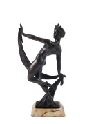 A French Art Deco statue of a dancing lady, hollow cast bronze and marble, circa 1930, Barbedienne foundry mark on base with artist monogram, 34cm high - 2