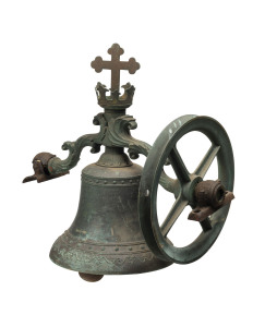 A French antique bronze church bell, 19th century, 53cm high, 32cm wide, 32deep