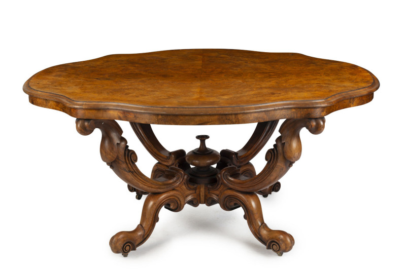 An antique burr walnut centre table, mid 19th century, 73cm high, 152cm wide, 126cm deep