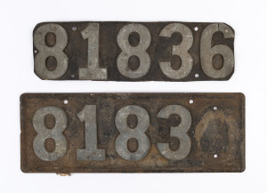 A pair of vintage car number plates "81836", cast aluminium and steel, mid 20th century, ​36cm and 32cm wide