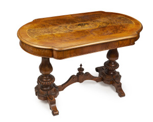 An antique sofa table, twin pedestal with octagonal baluster columns, walnut with marquetry top, 19th century, 77cm high, 127cm wide, 72cm deep