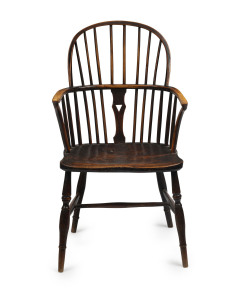 An English Windsor armchair, elm and beech, 18th century, 53cm across the arms
