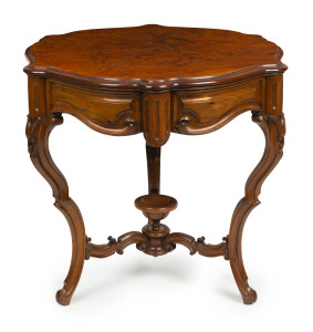 An American antique centre table, carved and veneered walnut, circa 1865, 73cm high, 80cm wide, 80cm deep