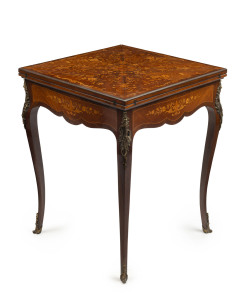 A French envelope card table, kingwood and walnut with marquetry decoration and ormolu mounts, 19th century, 76cm high, 60cm wide, 60cm deep