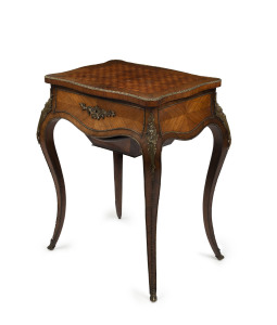 A French worktable, parquetry kingwood with ormolu mounts, 19th century, 75cm high, 62cm wide, 43cm deep