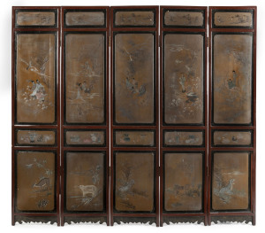 A Chinese five fold lacquered screen with Imperial inscription suggesting that it was used by the Emperor in the Taihe Palace, late 19th century, 171cm high, 195cm wide