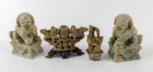 A pair of Chinese carved stone Foo dogs and two soapstone carvings, 20th century, (4 items), the Foo dogs 16cm high
