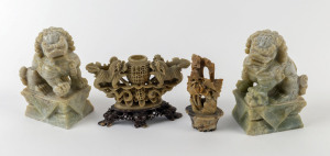 A pair of Chinese carved stone Foo dogs and two soapstone carvings, 20th century, (4 items), ​the Foo dogs 16cm high