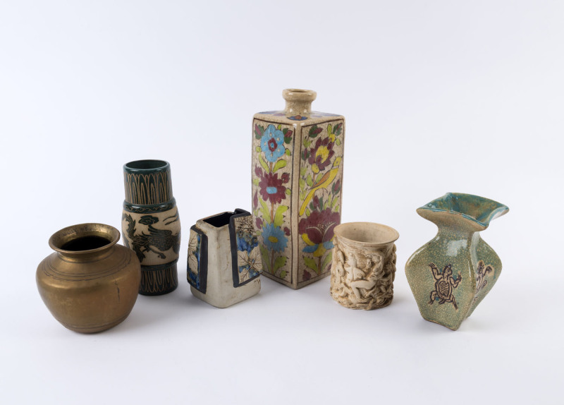 Six assorted vases, ceramic and brass, Indian, Chinese and European, 19th and 20th century, ​the largest 30cm high