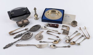 Two sterling silver sugar nips, silver vinaigrette, silver jam spoon, silver barrel salt cellar, silver belt buckle, two ink blotters, Royal wedding dish, Napoleon opener, Indian coin silver and bone ornament, plus assorted silver plated cutlery, 19th and