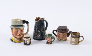Doulton Lambeth miniature pottery mug with sterling silver mount, Royal Doulton Arts and Crafts miniature pottery jug, Royal Doulton miniature porcelain character jug, Staffordshire "Bill Sykes" porcelain thimble, Artone "Pickwick" character miniature teapot, and a Sandland Ware porcelain character jug, (6 items), the jug 8cm high