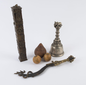 Tibetan bronze ceremonial knife, Indian metal bell container and three Asian carved nuts, 19th and 20th century, (6 items), the knife 37cm long