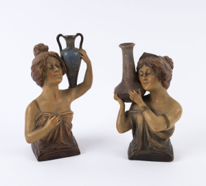 Pair of Art Nouveau chalkware statues of the water carriers, circa 1900, the larger 23.5cm high