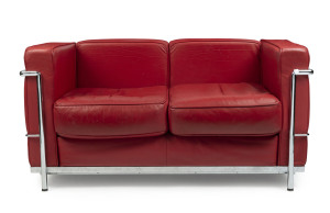 LE CORBUSIER LC2 design sofa, custom built in full hide red leather and chrome, circa 1980, 140cm across the arms
