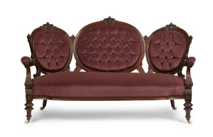 An antique English double ended settee, carved walnut frame with plum velvet upholstery, circa 1875, ​180cm across the arms