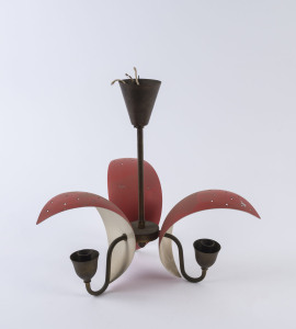 An Italian vintage hanging light, three branch anodised red metal and brass, circa 1950s, 44cm high, 44cm wide