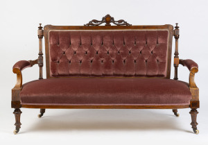 An antique parlour settee, inlaid walnut frame with plum velvet upholstery, 19th century, 158cm across the arms